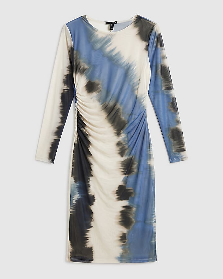 Blue Mesh Print Maxi Long Sleeve Dress