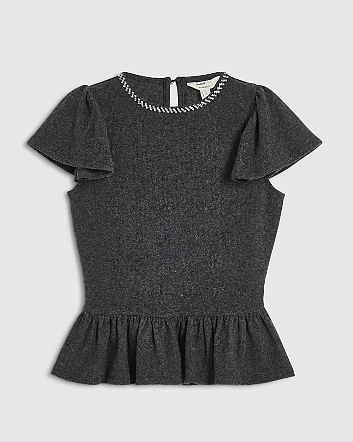 Grey Diamante Short Sleeve Peplum Cosy Top