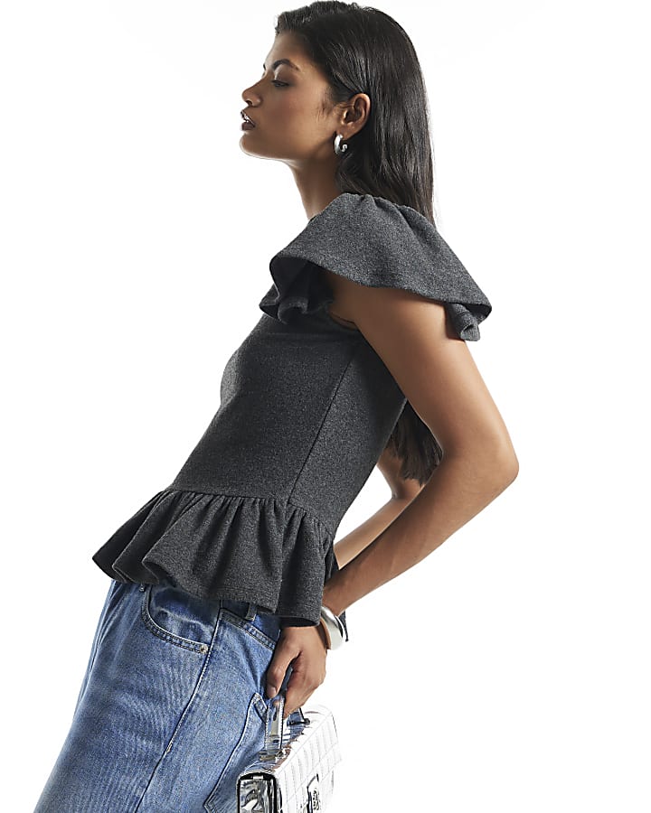 Grey Diamante Short Sleeve Peplum Cosy Top