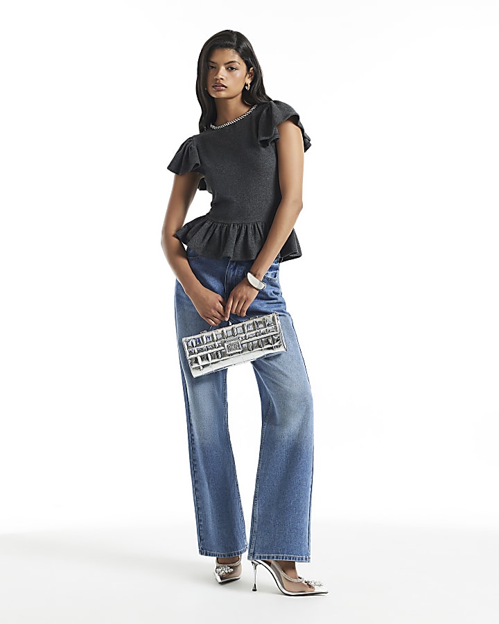 Grey Diamante Short Sleeve Peplum Cosy Top