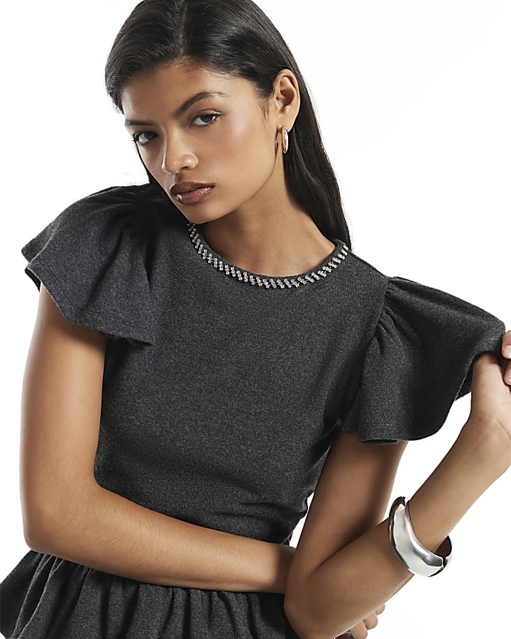 Grey Diamante Short Sleeve Peplum Cosy Top