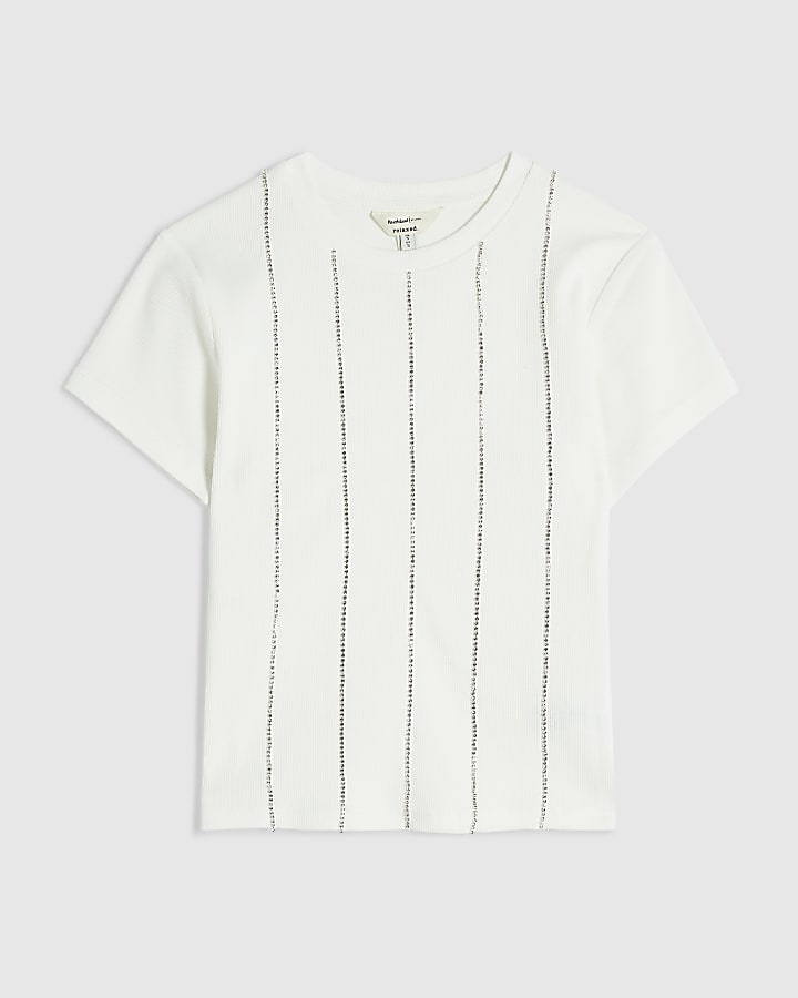 White Stripe Embellished T-Shirt