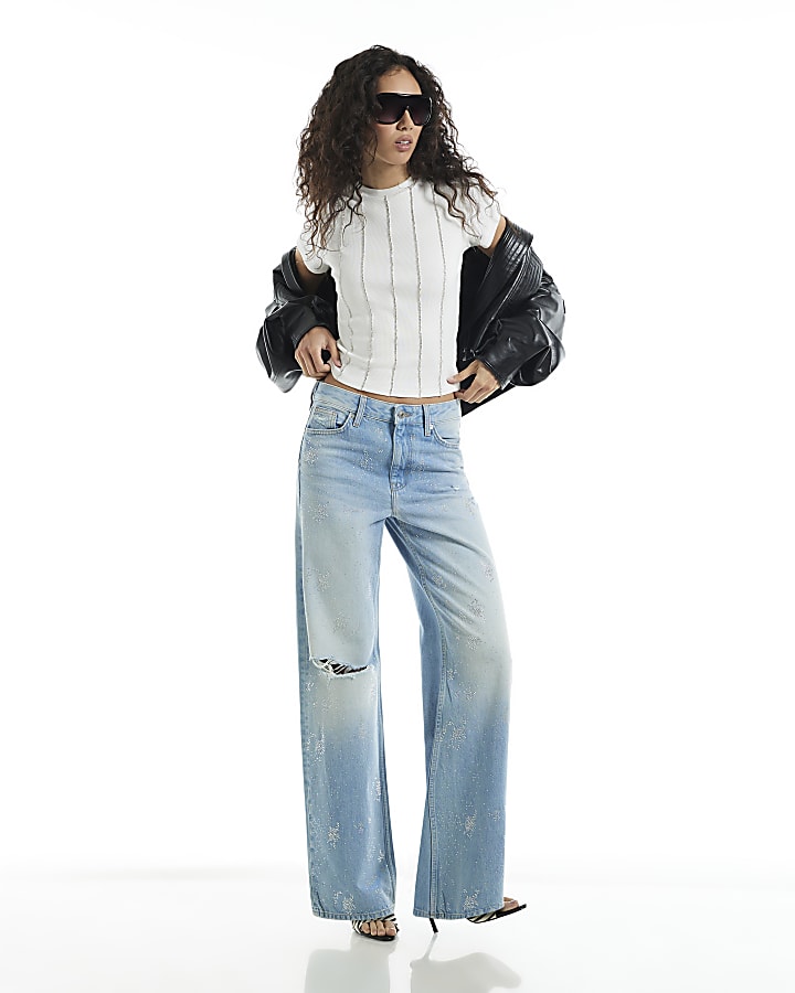 White Stripe Embellished T-Shirt
