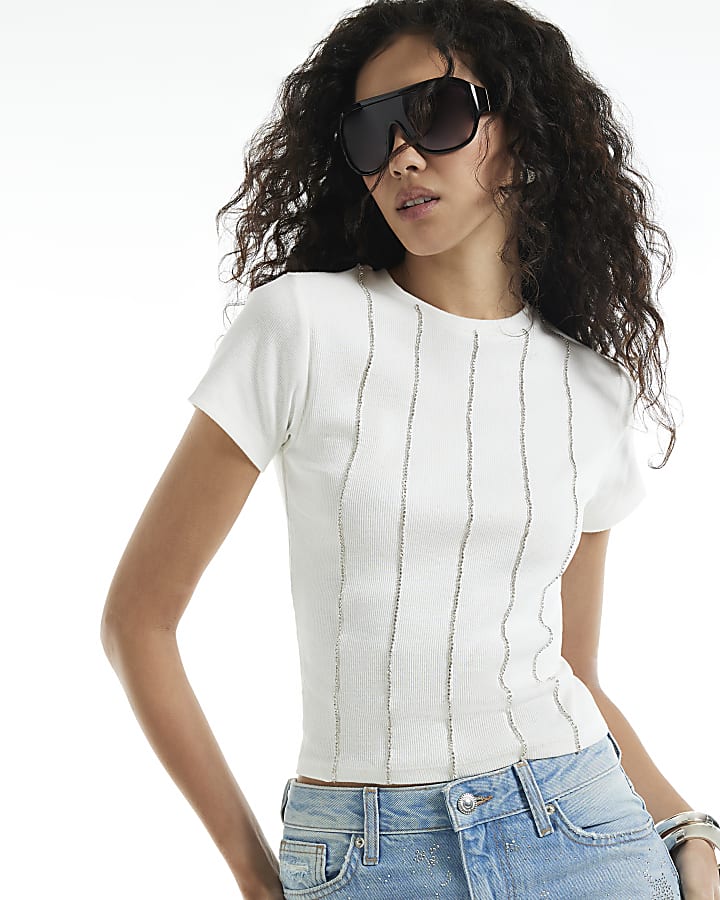White Stripe Embellished T-Shirt