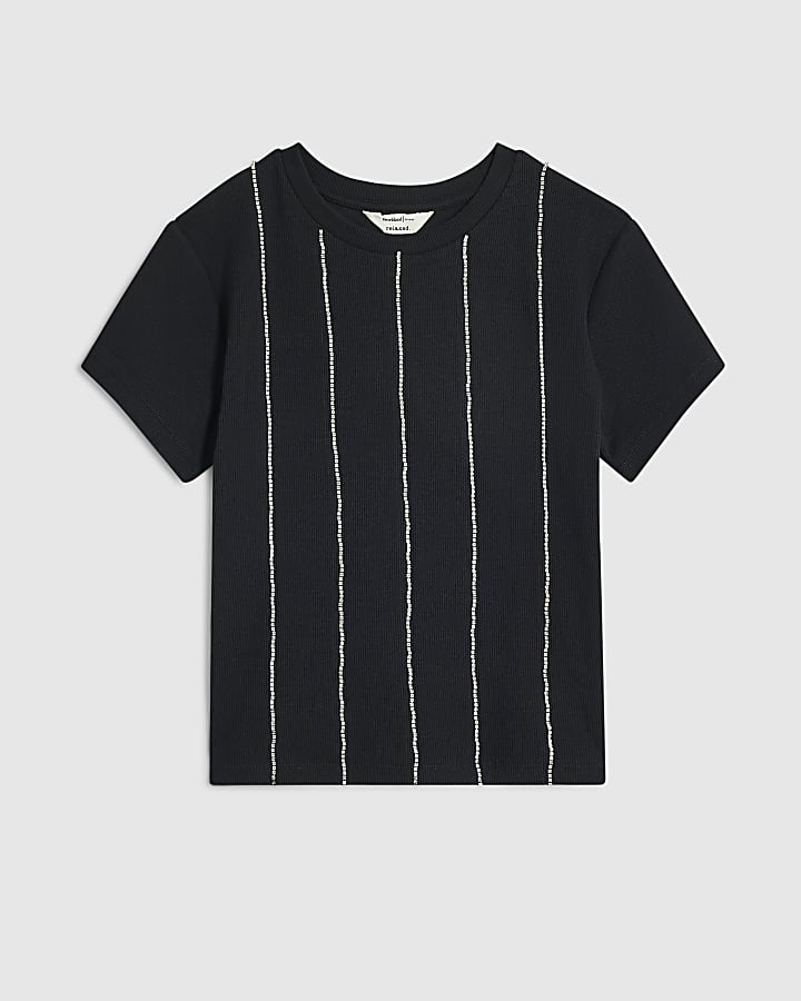 Black Embellished Stripe T-shirt