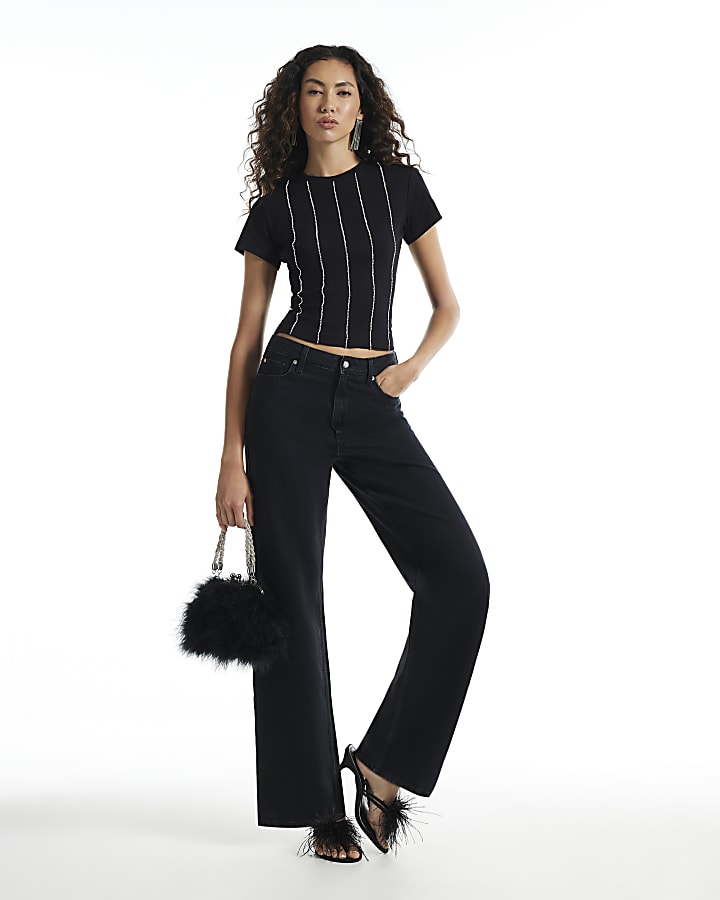 Black Embellished Stripe T-shirt