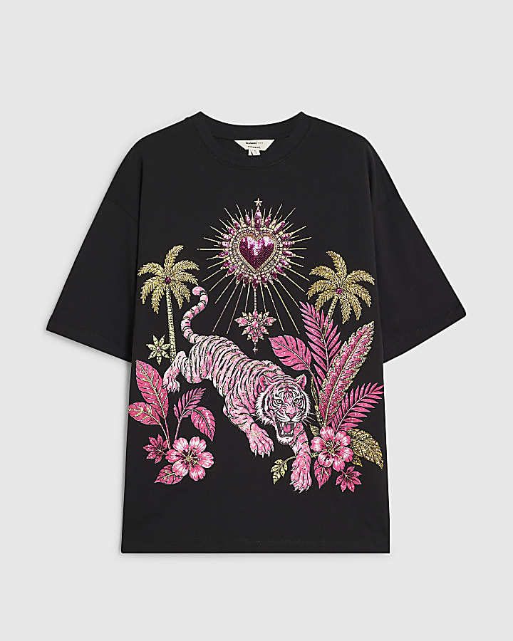 Black Cotton Tiger Embellished T-Shirt