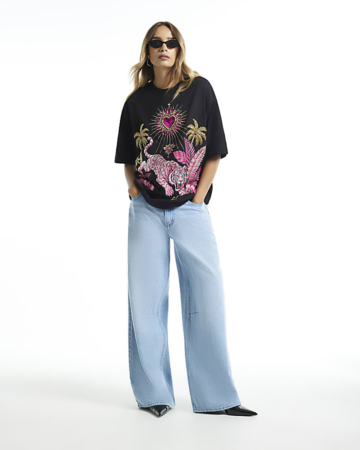 Black Cotton Tiger Embellished T-Shirt