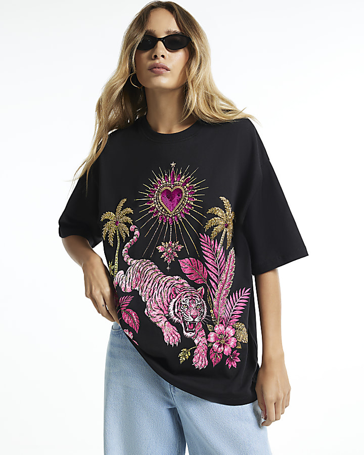 Black Cotton Tiger Embellished T-Shirt
