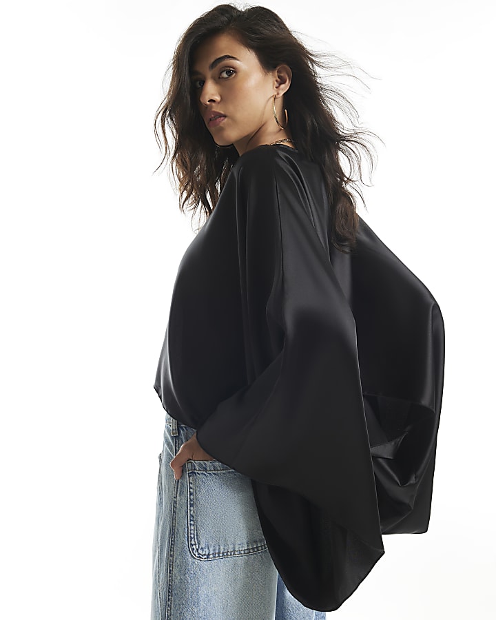 Black Satin Drape Kimono Cape