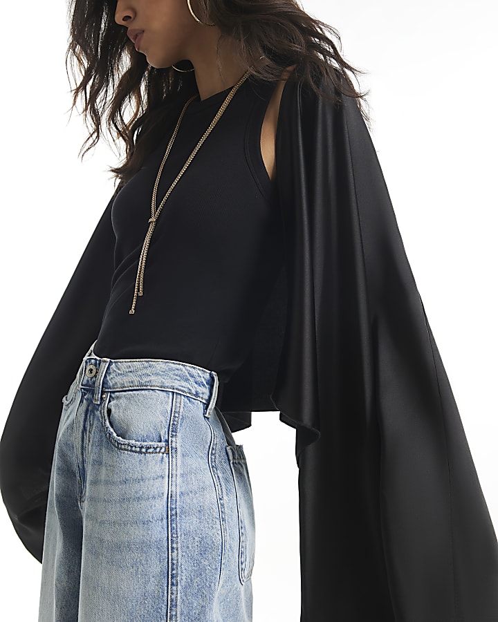 Black Satin Drape Kimono Cape