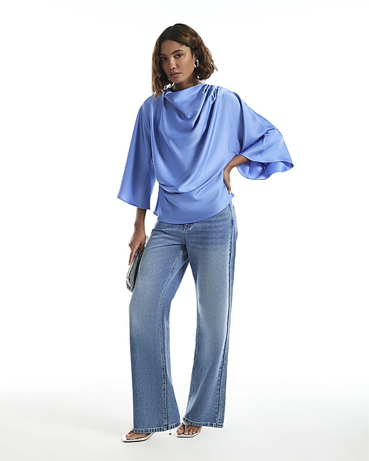 Blue Asymmetric Draped Top