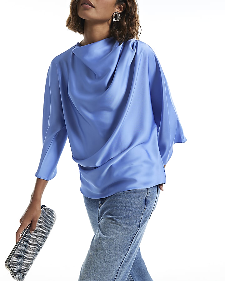 Blue Asymmetric Draped Top