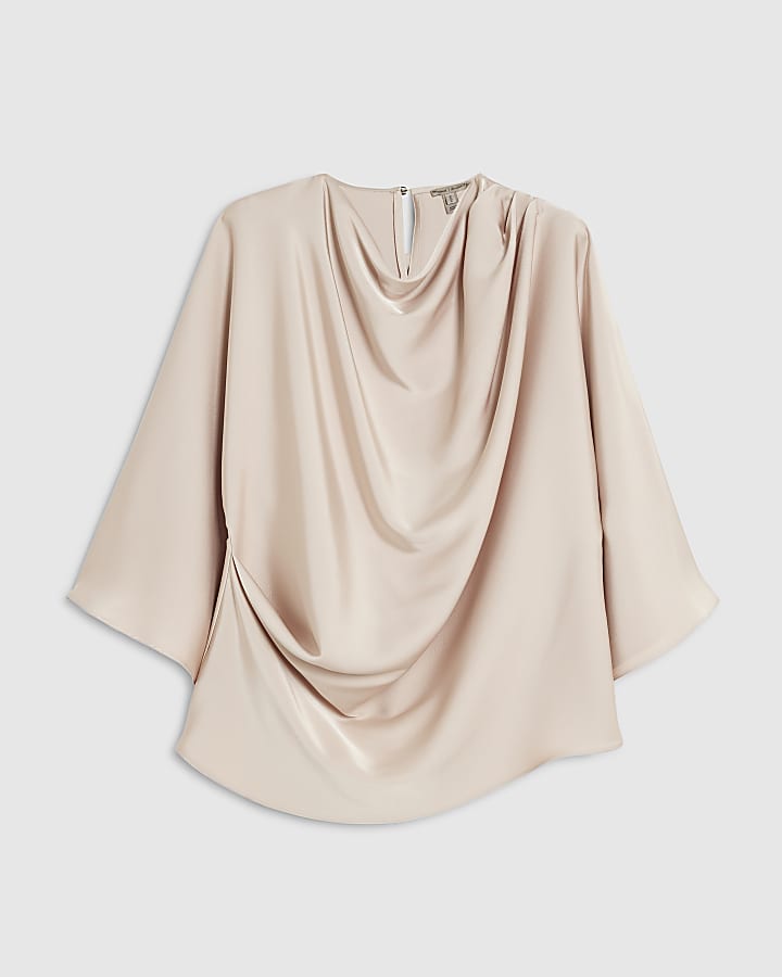 Cream Satin Asymmetric Draped Top