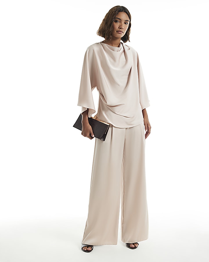Cream Satin Asymmetric Draped Top