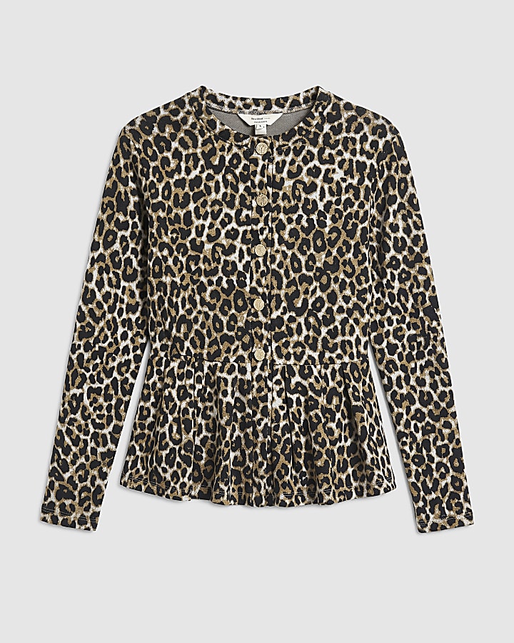 Brown Leopard Print Jacquard Peplum Cardigan