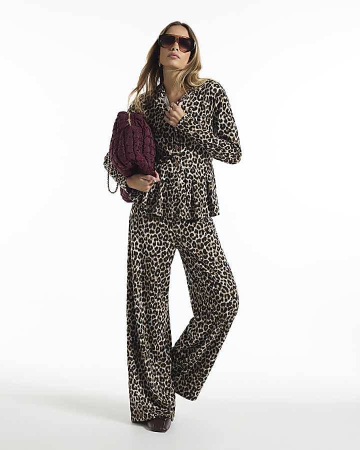 Brown Leopard Print Jacquard Peplum Cardigan