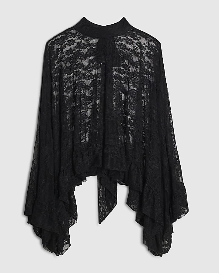 Black Lace Tie Neck Cape