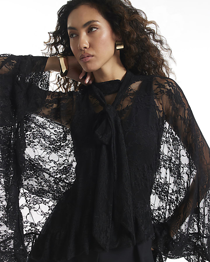 Black Lace Tie Neck Cape