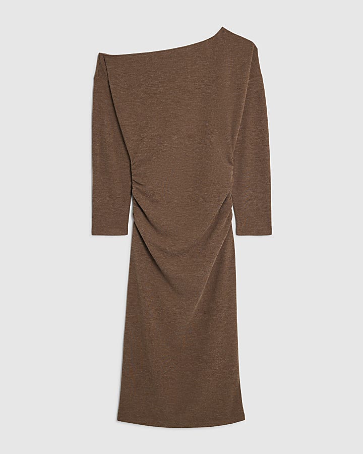Brown Off Shoulder Long Sleeve Midi Dress