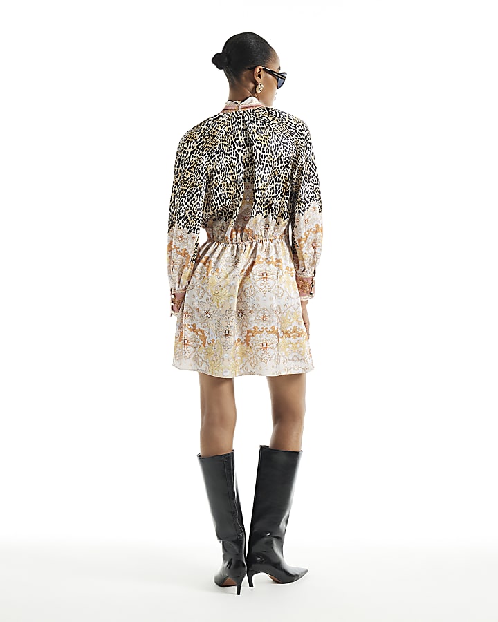 Brown Leopard Pussybow Mini Dress