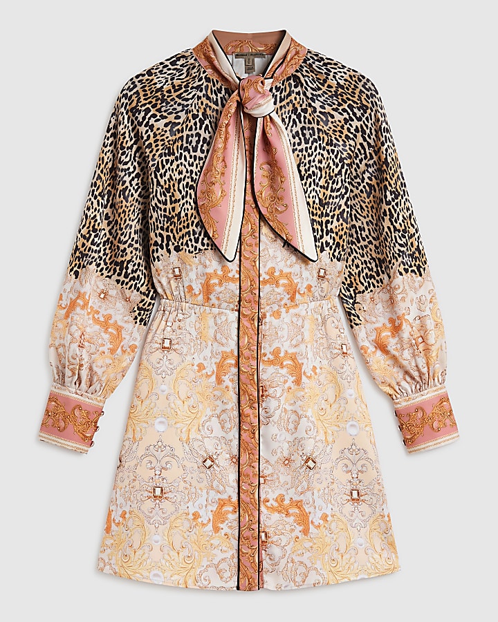 Brown Leopard Pussybow Mini Dress