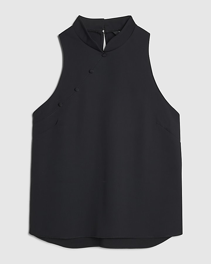 Black Halter Neck Button Detail Top