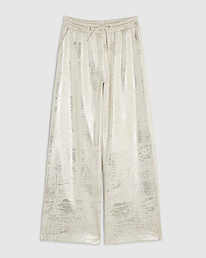 Cream Metallic High Waisted Wide Leg Joggers