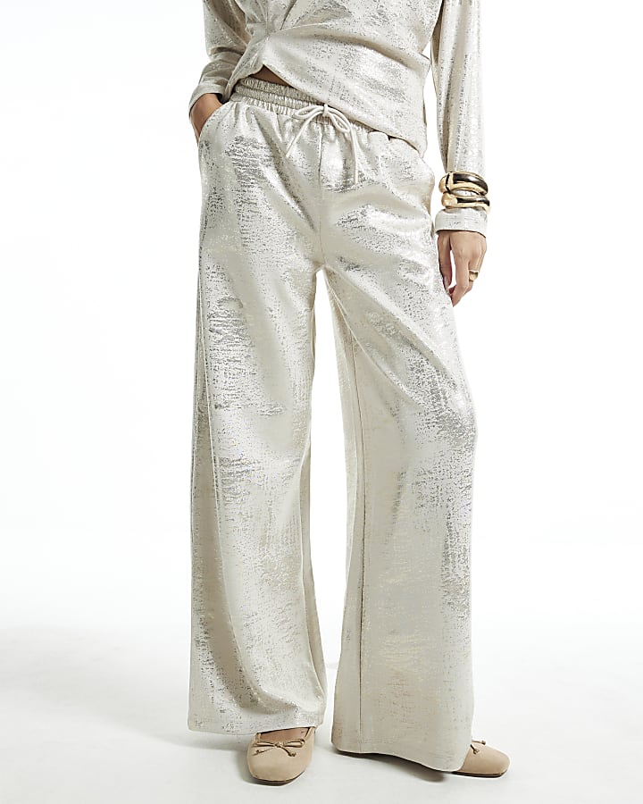 Cream Metallic High Waisted Wide Leg Joggers