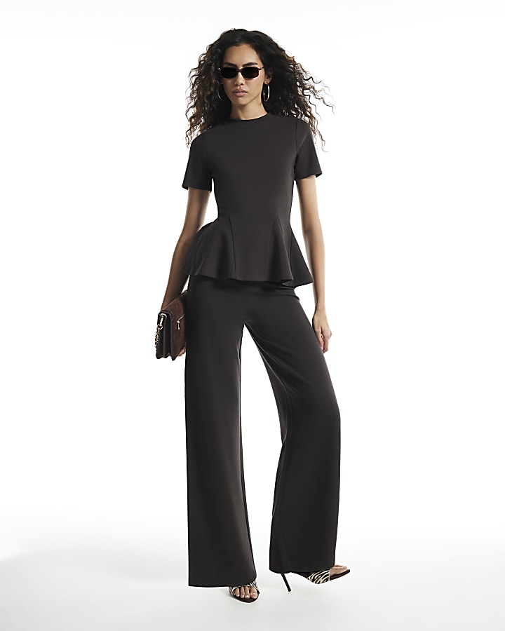 Brown Short Sleeve Peplum Top