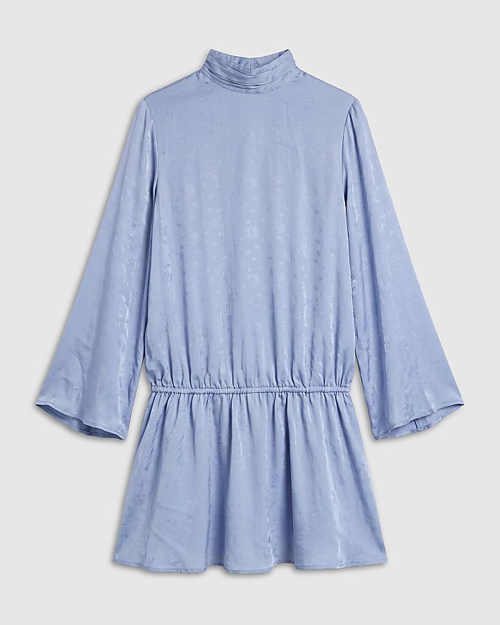 Blue Jacquard Drop Waist Mini Dress