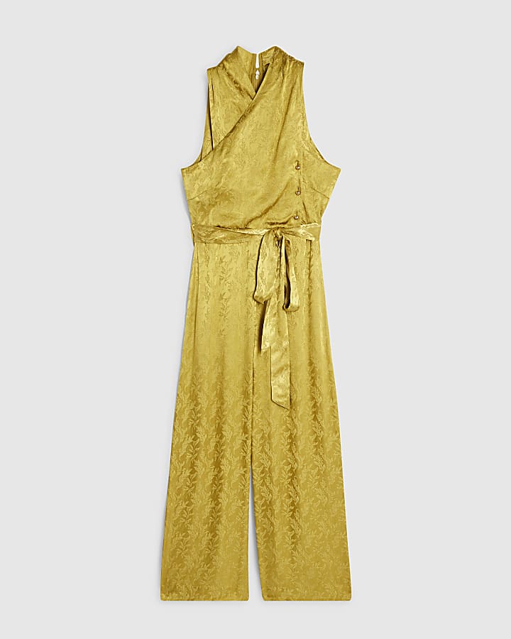 Petite Gold Jacquard Wrap Jumpsuit