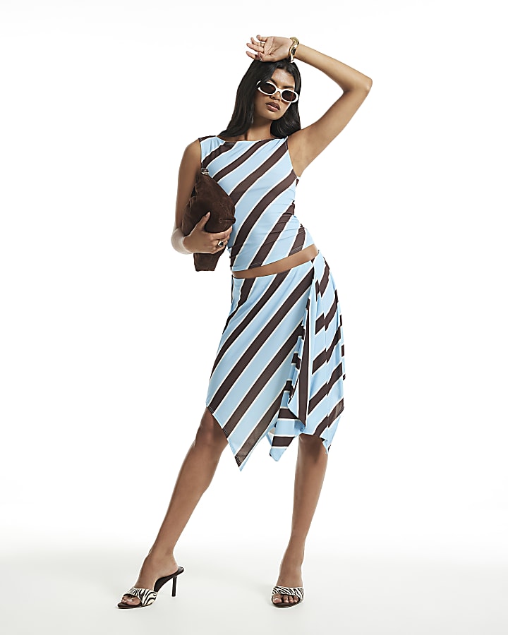 Blue Stripe Hanky Hem Midi Skirt