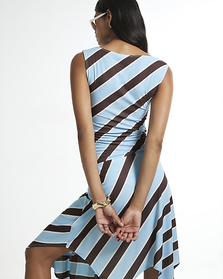Blue Sleeveless Boat Neck Stripe Top