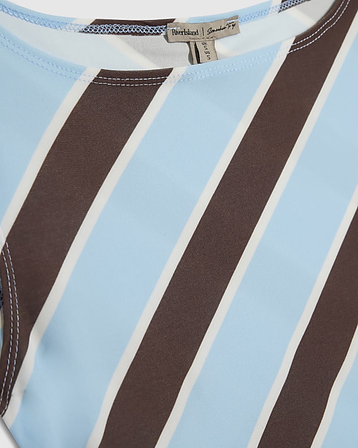 Blue Sleeveless Boat Neck Stripe Top