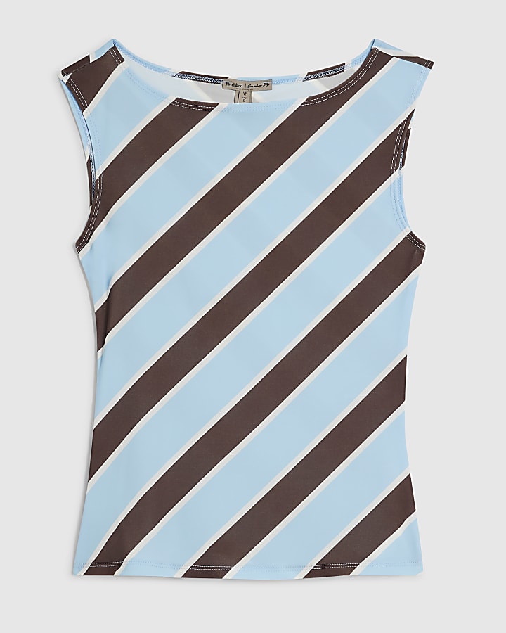Blue Sleeveless Boat Neck Stripe Top