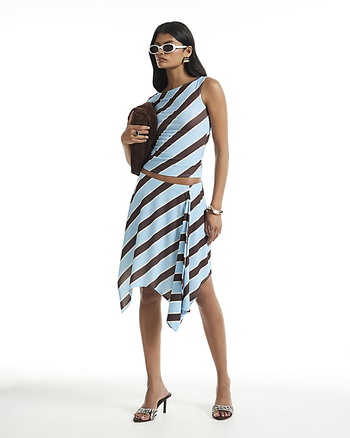 Blue Sleeveless Boat Neck Stripe Top