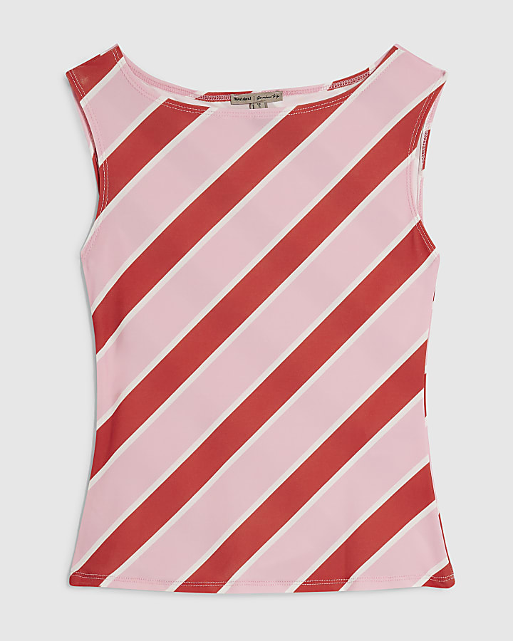 Pink Sleeveless Boat Neck Stripe Top