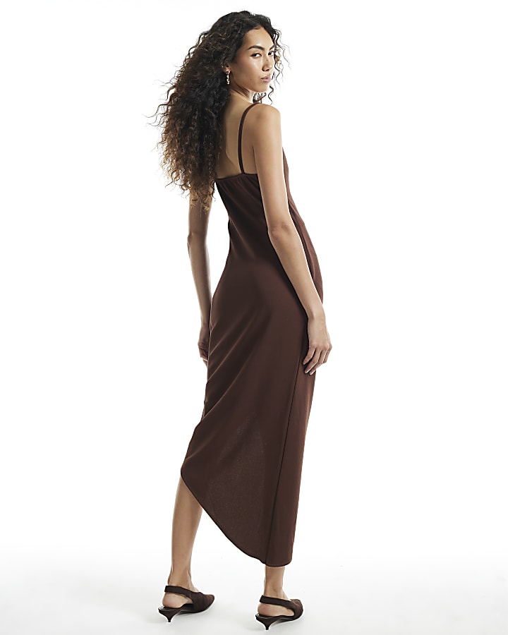 Brown Wrap Front Asymmetric Midi Dress