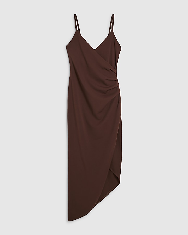Brown Wrap Front Asymmetric Midi Dress