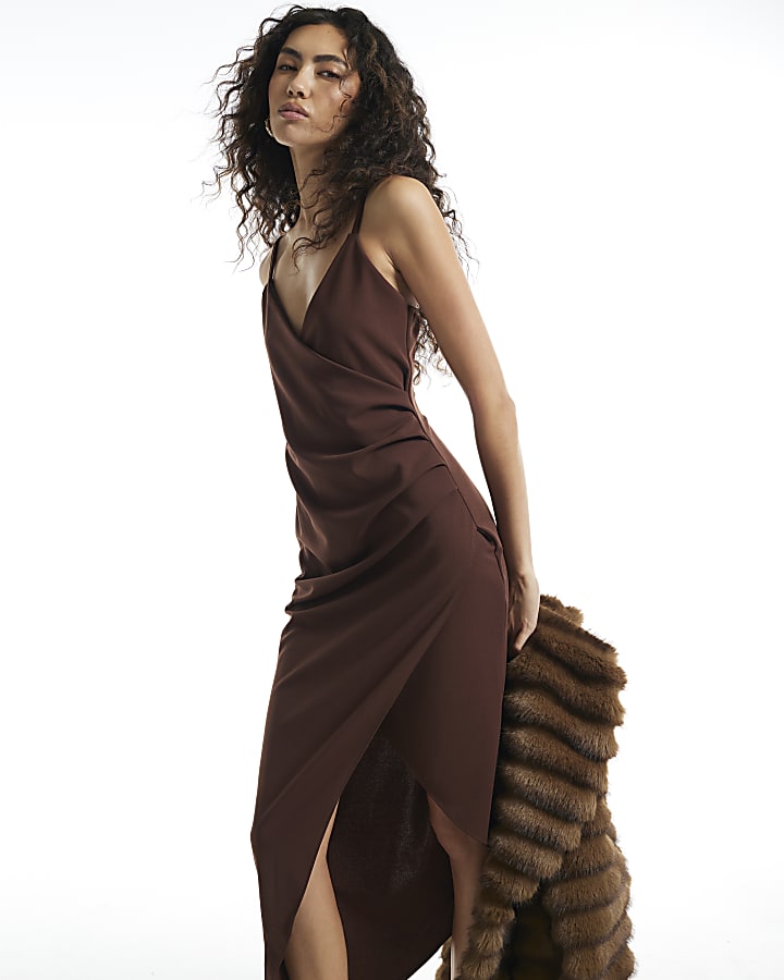 Brown Wrap Front Asymmetric Midi Dress