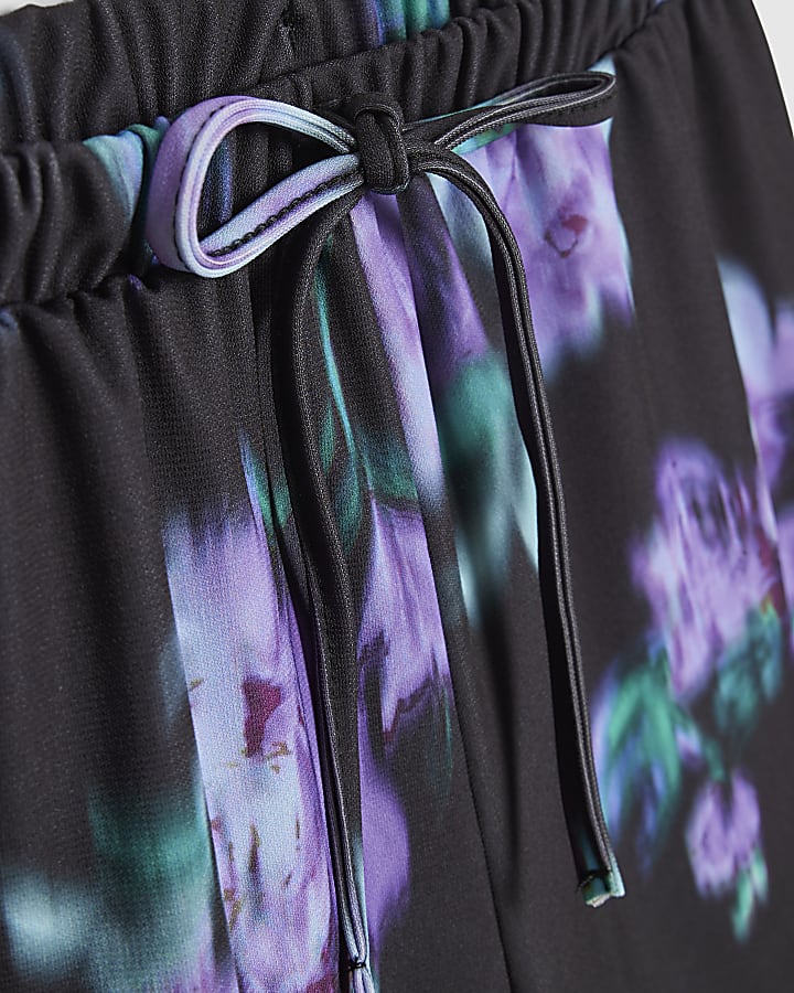 Black Floral Print Lace Trim Shorts