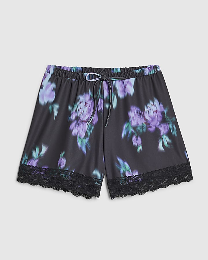 Black Floral Print Lace Trim Shorts