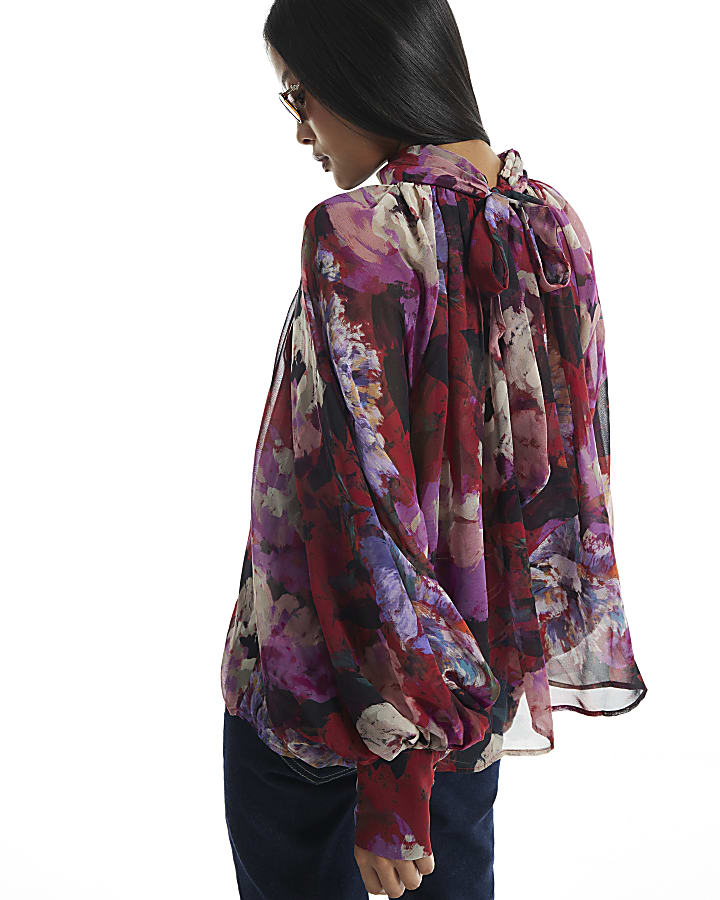 Petite Red Floral Funnel Neck Top