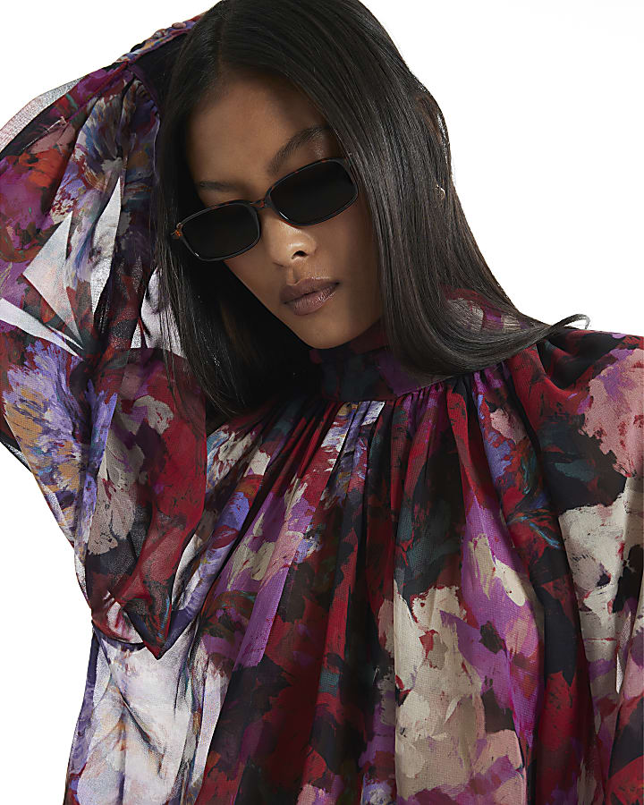 Petite Red Floral Funnel Neck Top