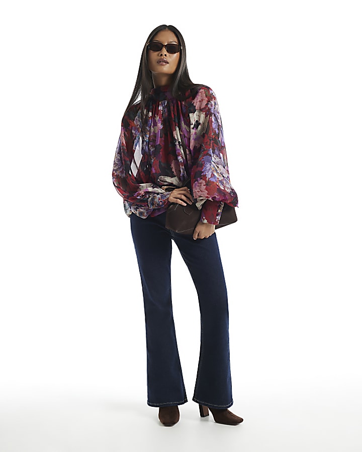 Petite Red Floral Funnel Neck Top