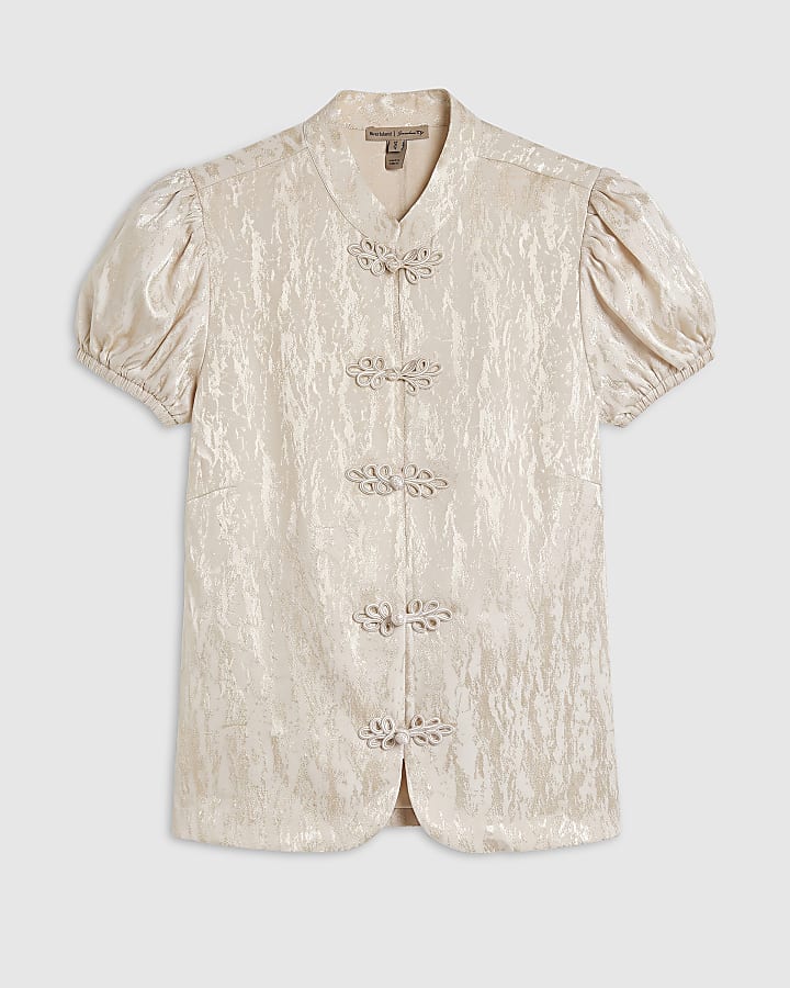 White Jacquard Puff Sleeve Frogging Blouse