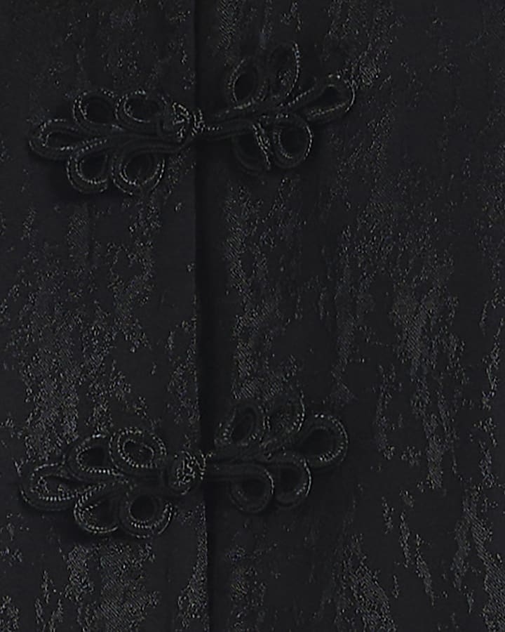 Black Jacquard Puff Sleeve Frogging Blouse