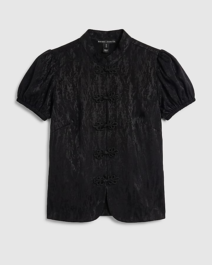 Black Jacquard Puff Sleeve Frogging Blouse