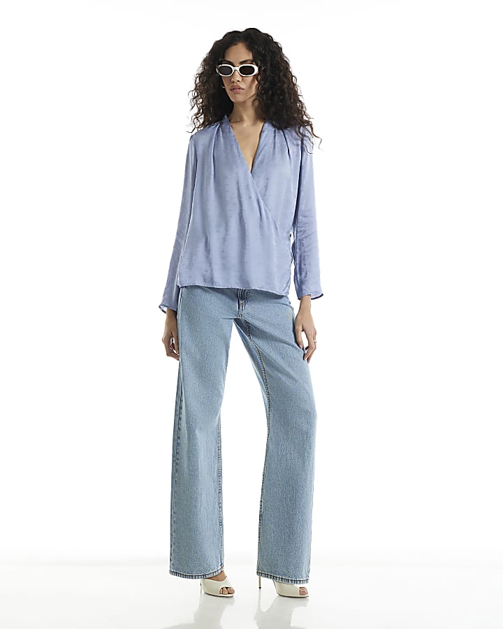 Blue Satin Jacquard Wrap Blouse